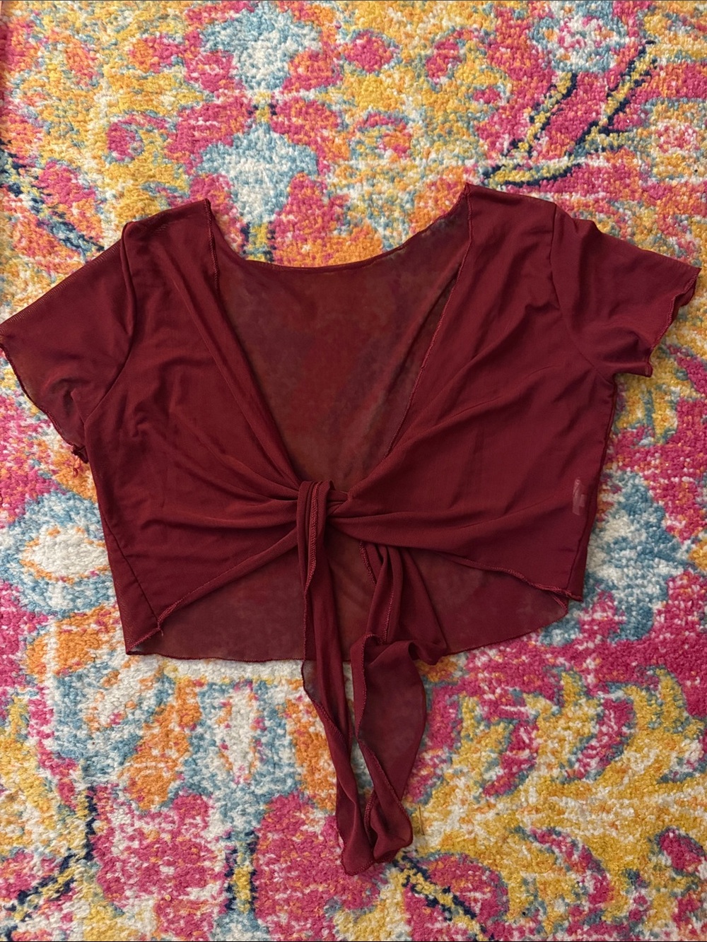 Mesh Burgundy Tie-Front Crop Top